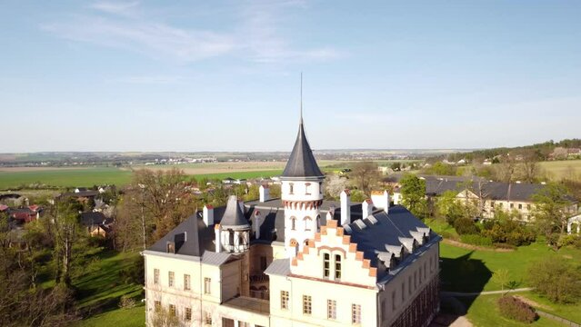 Aerial View Of Radun Chateau On A Sunny Day Near Opava In Moravian-Silesian Region, Czech Republic. - pullback shot
