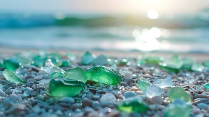sea glass seaglass with ocean beach and seascape shallow dof - obrazy, fototapety, plakaty