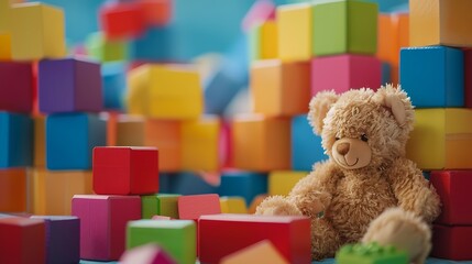 Kids toys background with teddy bear and colorful blocks : Generative AI