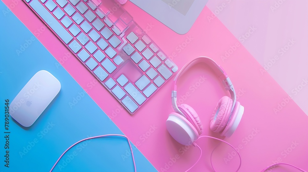 Poster smartphone headphones and computer keyboard on pink and blue background technology : generative ai