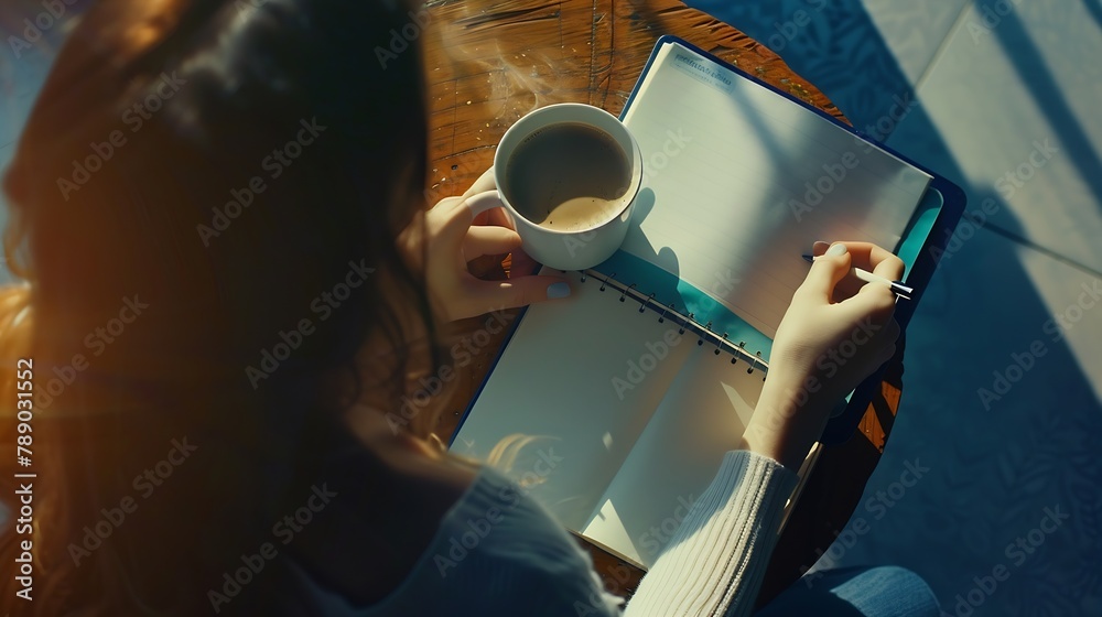 Poster woman background notebook with coffee flat lay : generative ai