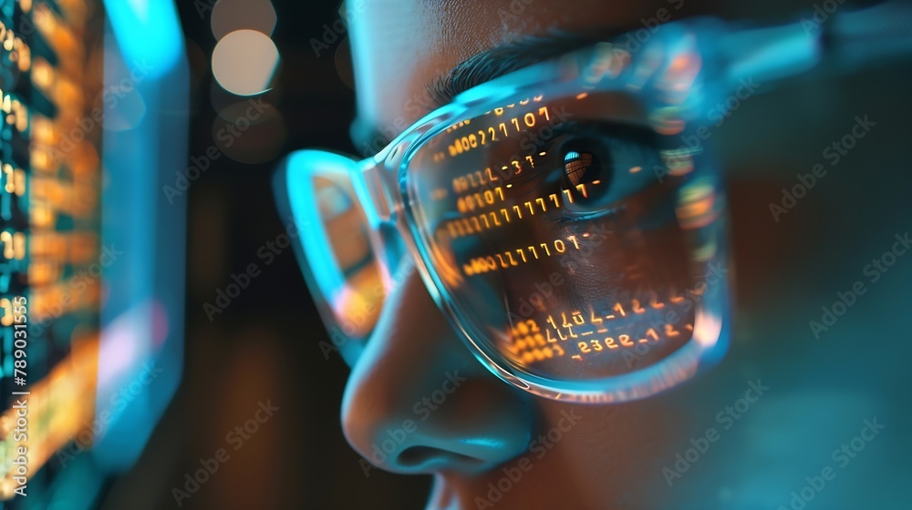 Poster Closeup Portrait of Software Engineer Working on Computer Line of Code Reflecting in Glasses Developer Working on Innovative eCommerce Application using Machine Learning AI Algorithm B : Generative AI