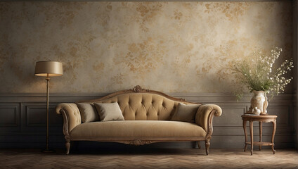 Antique sofa, couch, canape in an old shabby room, grunge, antique. - obrazy, fototapety, plakaty