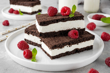 Chocolate cake with milk cream filling on a white plate with fresh raspberries and mint with...