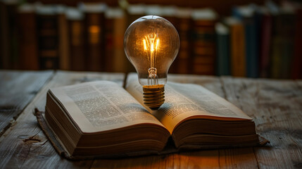 Glowing lightbulb over a book, Inspiring from read concept, Education knowledge and business education ideas, Innovations, self-learning, knowledge and searching for new ideas. Thinking for new idea. - obrazy, fototapety, plakaty