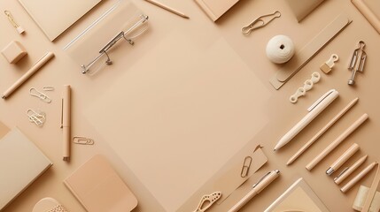 Flatlay of office supplies made of recycled materials on beige background Flat lay top view photo mock up : Generative AI