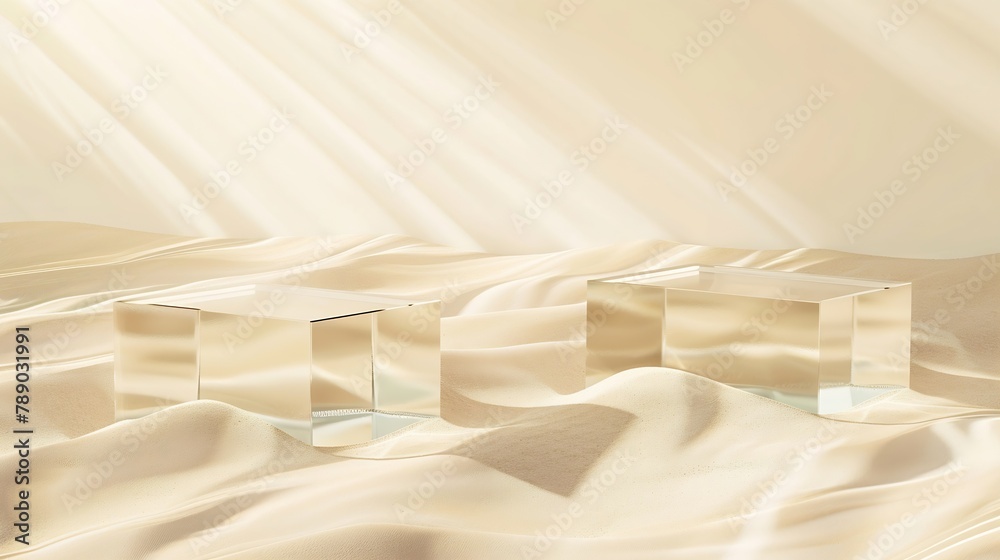Poster Two empty clear glass square podiums on beige transparent calm water texture with waves in sunlight Abstract nature background for product presentation Flat lay cosmetic mockup copy sp : Generative AI