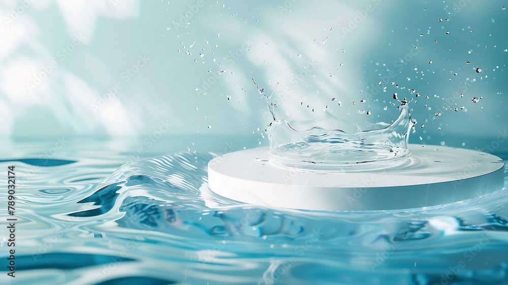 Poster Empty white circle podium on transparent clear calm blue water texture with splashes and waves in sunlight Abstract nature background for product presentation Flat lay cosmetic mockup  : Generative AI