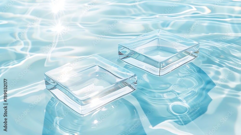 Poster Two empty clear glass square podiums on blue transparent calm water texture with waves in sunlight Abstract nature background for product presentation Flat lay cosmetic mockup copy spa : Generative AI