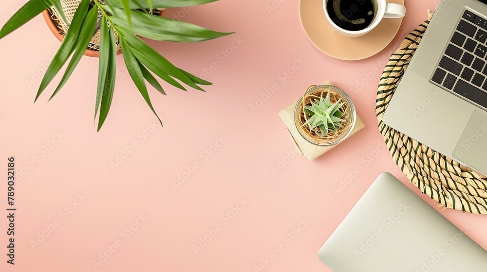 Poster home office desk workspace with laptop straw casket on neutral background flat lay top view blog web