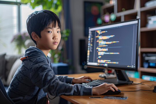 Young boy coding on computer with focus