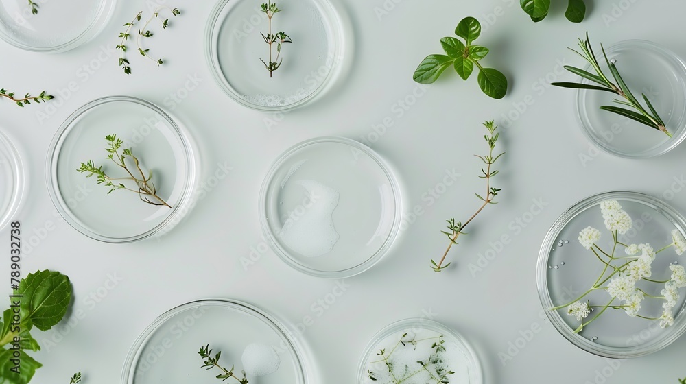 Poster flat lay composition with petri dishes and plants on light grey background : generative ai