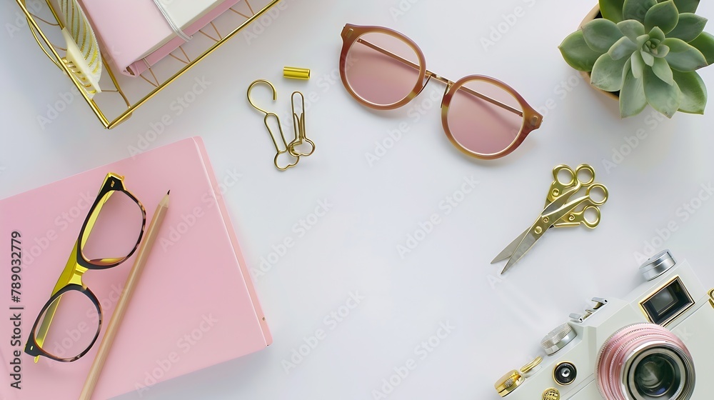 Poster feminine desk workspace with succulent retro camera scissors diary glasses and golden clips on white background flat lay top view : Generative AI
