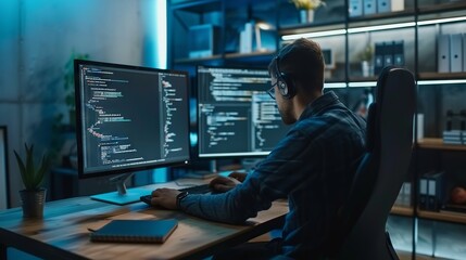Expert programmer engaged in software development: crafting code on dual monitors amidst cybersecurity challenges