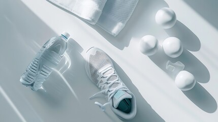 Composition with sneakers bottle of water and towel on white background top view Gym workout : Generative AI