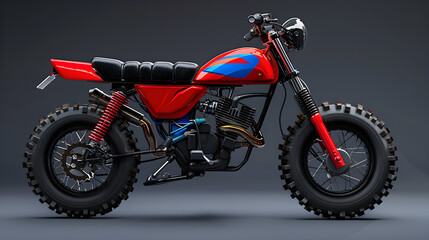 The Vibrant Red and Blue PW50 Off-Road Motorcycle Enhanced for Young Adventurers - obrazy, fototapety, plakaty