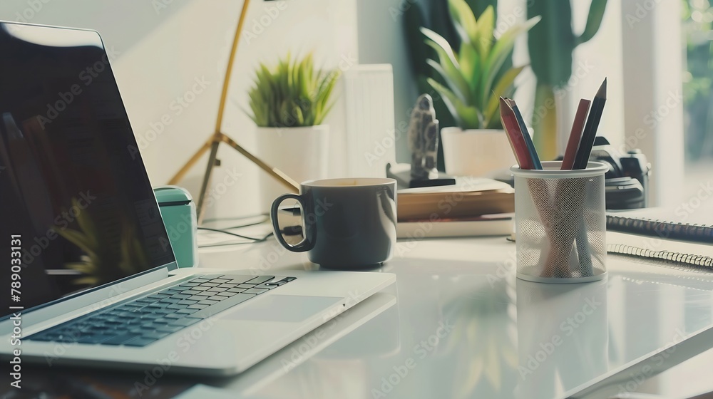 Poster close up view of modern workspace with mock up laptop coffee cup camera schedule books decorations a
