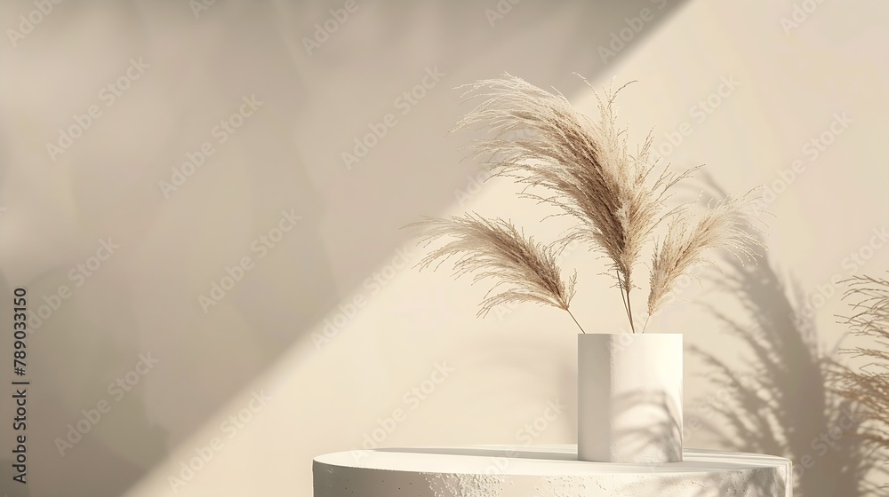 Poster Podium for cosmetic product presentation Abstract minimal geometrical form Cylinder podium with dry pampas grass soft shadow Scene to show products Showcase display case Flat lay top v : Generative AI