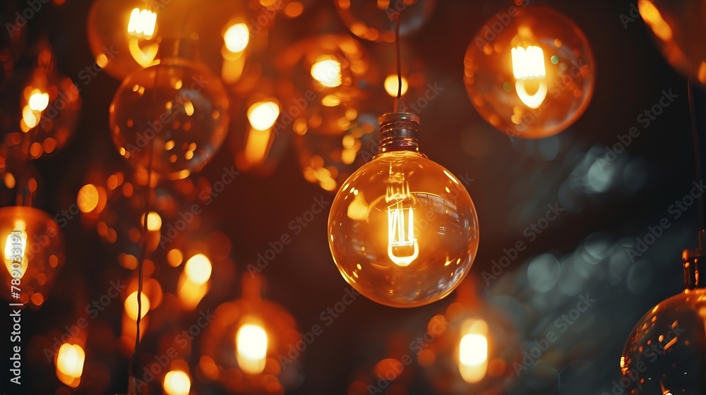 Poster classic sphere lighting bulbs are glowing in orange warming shade there are hanging from ceiling in 