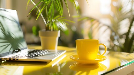 Close up of yellow cup of coffee laptop with mock up screen and green potted plant on glass designer table Blogger freelancer workplace : Generative AI - Powered by Adobe
