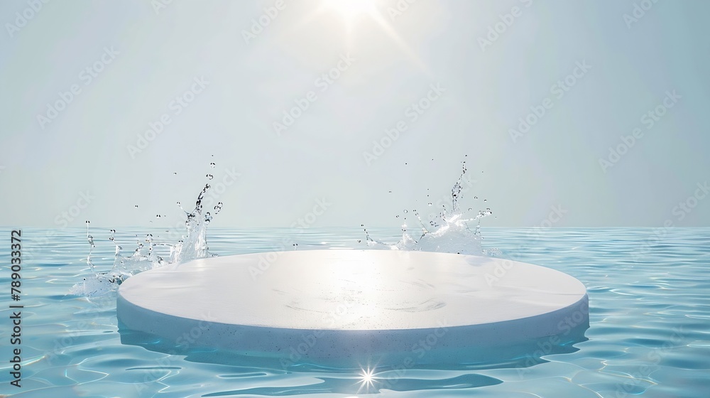 Poster empty white circle podium on transparent clear calm water texture with splashes and waves in sunligh