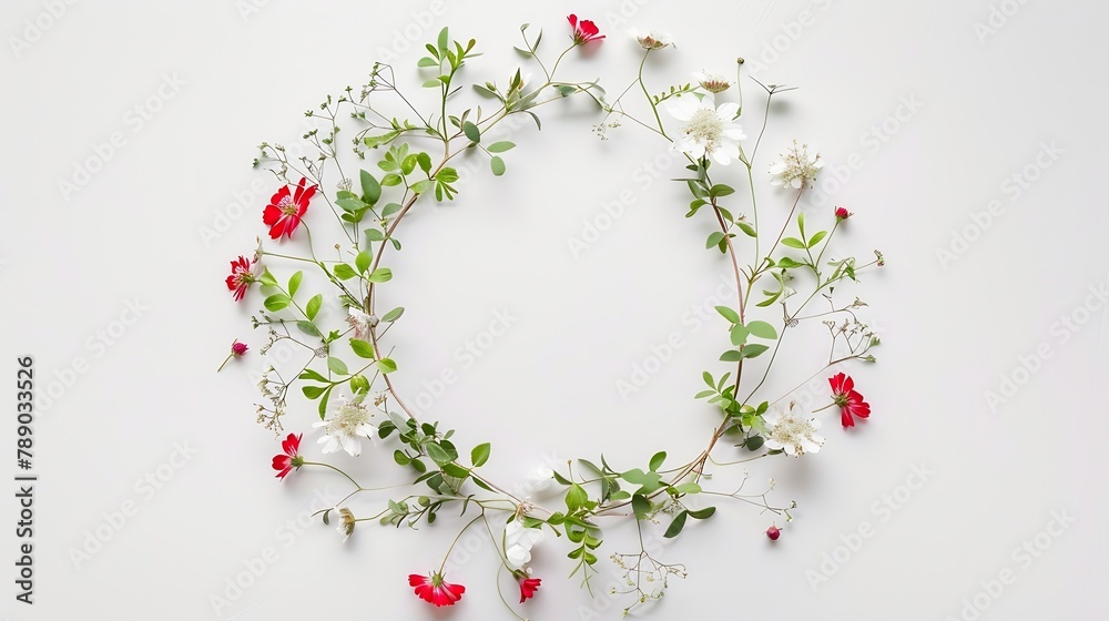 Poster frame wreath with red and white wildflowers green leaves branches on white background flat lay top v