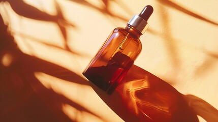 The amber glass dropper bottle with the serum inside casts a shadow Vertical image flat lay copy space : Generative AI - obrazy, fototapety, plakaty