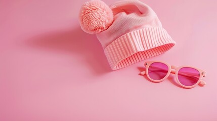 Obraz na płótnie Canvas Baby accessories sunglasses and a hat on a pink background Little girls accessories flat lay : Generative AI