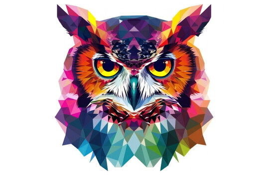 abstract colorful owl head polygonal illustration isolated on white background. tshirt design graphic