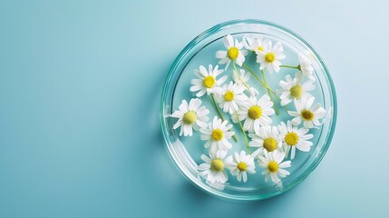 Top view of camomile matricaria chamomilla decorated in petri dish and transparent podium with blank space in laboratory background for design advertising flat lay : Generative AI - obrazy, fototapety, plakaty