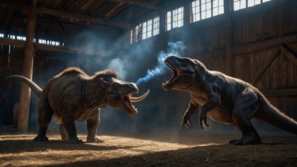 Fototapeta premium Epic Dinosaur Showdown in Barn