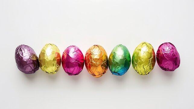 Chocolate easter eggs wrapped in foil Colorful rainbow candy isolated on white background Holiday and springtime concept Creative layout Flat lay top view Design element : Generative AI