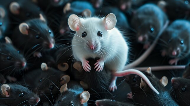 A white rodent with whiskers stands among black rats in a group event