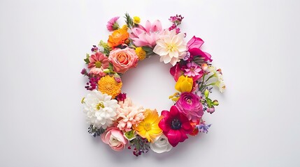 Flowers composition Wreath made of various colorful flowers on white background Easter spring summer concept Flat lay top view copy space : Generative AI