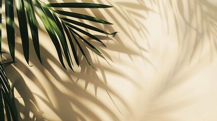 Abstract background with tropical palm leaves shadow on beige wall Creative minimal design with copy space Summer concept flat lay : Generative AI