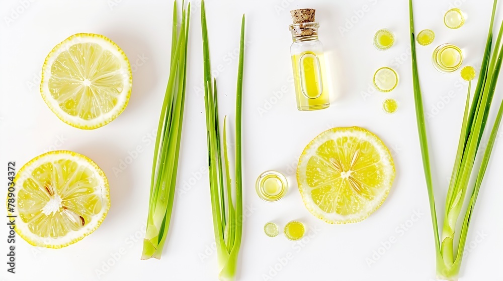 Poster lemongrass essential oil with lemon grass slice isolated on white background top view flat lay : gen