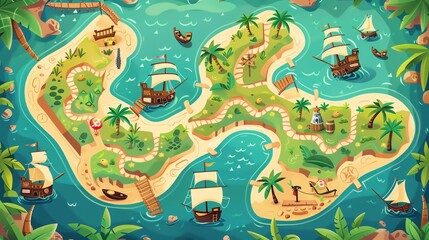 Pirate treasure map maze, with islands and ships, start to treasure finish, engaging vector board game for kids