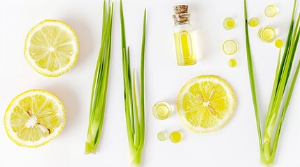 Lemongrass essential oil with lemon grass slice isolated on white background Top view Flat lay : Generative AI