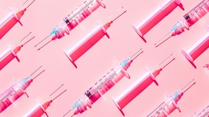 Creative medicinal pattern from syringes of pink background Colorful concept of New Corona virus 2019nCoV or COVID19 vaccine Flat lay top view copy space : Generative AI