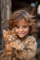 Red cute kitten in the hands of a happy child, selective focus