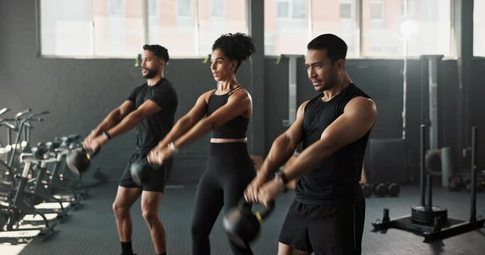 Kettlebell, exercise and coach with people for fitness, gym and workout with weights for sport. Partnership, personal trainer and athletes in gymnasium for wellness, training and health together