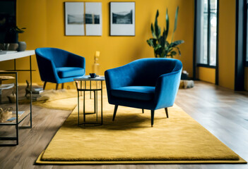 AI generated illustration of blue chairs, rug, art in living room with yellow walls