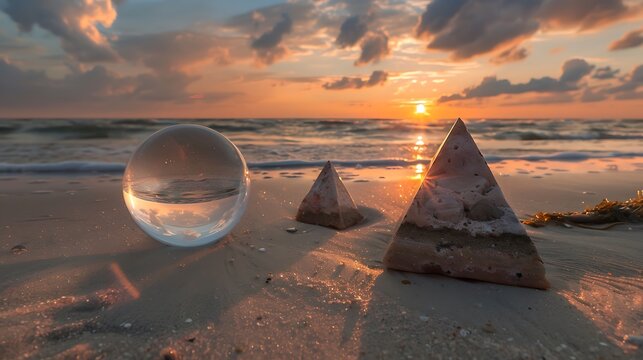 Stone pyramids and glass sphere on the dreamy baltic sea sand beach on rugen to the spectacular orange sunset