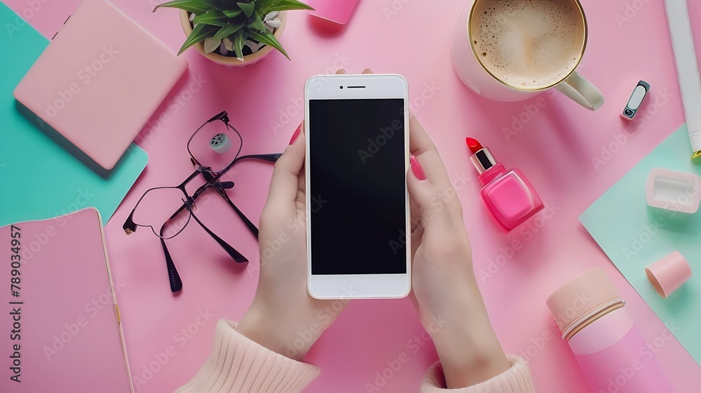 Poster feminine workspace with smartphone in female hands latte ice notebook spectacles nail polish and lip