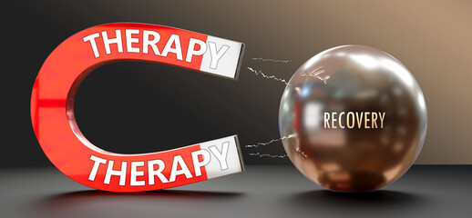 Therapy attracts Recovery. A metaphor showing therapy as a big magnet attracting recovery. Analogy to demonstrate the importance and strength of therapy. ,3d illustration - obrazy, fototapety, plakaty