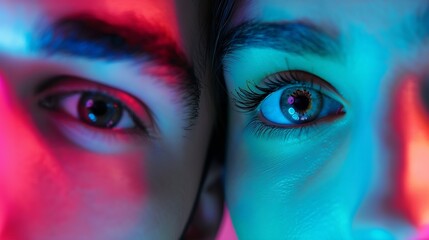 Beauty of each of us Closeup Cropped male and female faces eyes looking at camera over colorful neon lights Concept of human emotions mood facial expressions fashion : Generative AI