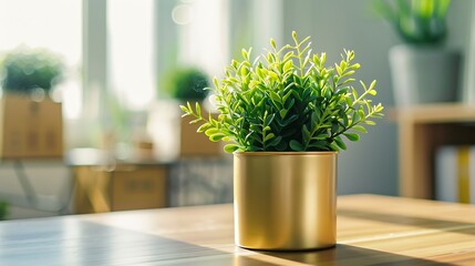 Closeup of fresh green plant in gold pot standing on a wooden desk with boxes and decor in bright interior : Generative AI