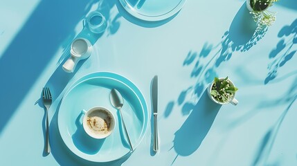 Flat lay shot of blue place setting for breakfast : Generative AI