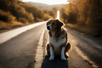 Tuinposter Abandoned road dog cute deplorable holiday retriever lonely pet derelict friends route leaves friendship sad vacation path labrador way sorrowful © mohamedwafi