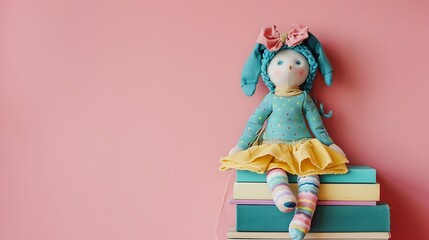 Fototapeta premium Stuffed soft doll sitting on the books over pink background